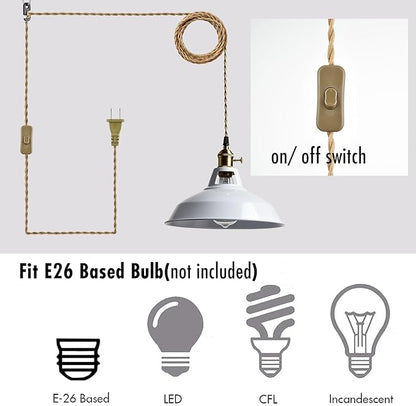 YUBOLE Industrial Swag Hanging Light with Switch Adjustable Height Pendant Lighting with White Metal Barn Shade for Kitchen Foyer Dining