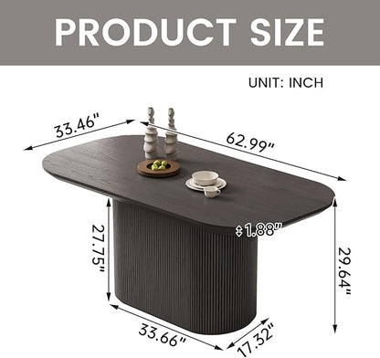 62.99 Inch Rectangular Dining Table for 4-6 People, Modern Kitchen Dining Room Table with Pedestal Base, Black Table Furniture, Mid Century Dining Table for Apartment Home Office