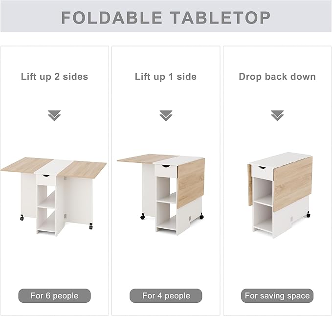Folding Dining Table, Drop Leaf Table for Small Space with Drawer and Open Storage Shelves, Modern Rectangular Kitchen Dining Table, 47.2" L x 28.3" W (Oak & White)