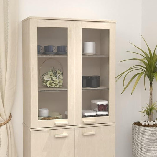 HAMAR Honey Brown Highboard Top, 33.5"x13.8"x39.4" Solid Pine Wood Sideboard, Kitchen Island Furniture with Glass Doors, Tall Buffet Cabinet Storage Storage Cabinets