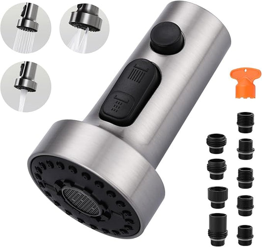 Pull Down Faucet Head Replacement: 3-Function Kitchen Faucet Sprayer Head Replacement with 9 Adapters - Brushed Nickel Sink Faucet Head Compatible with Moen, Delta, American Standard Faucets