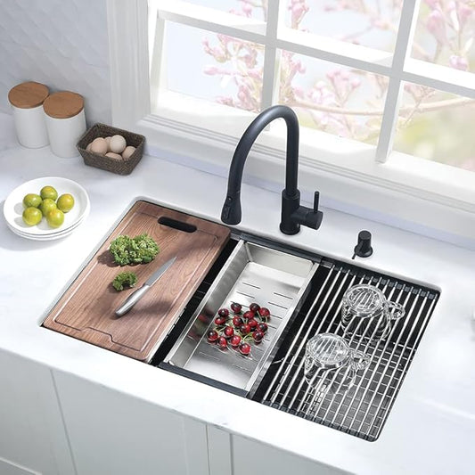 25 Inch Black Undermount Kitchen Sink Workstation-Hovheir 25x19 Black Stainless Steel Kitchen Sink Undermount 16 Gauge Deep Single Bowl Under Mount Sinks with Cutting Board