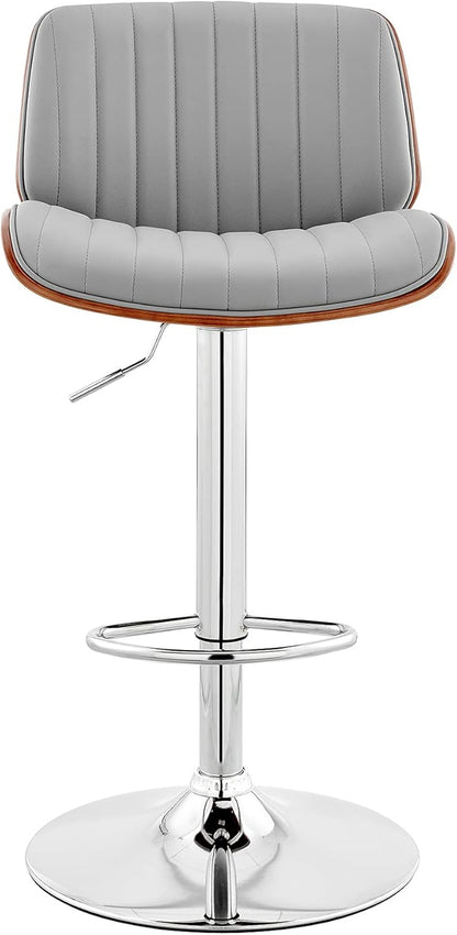 Armen Living Brock Modern Adjustable Height Swivel Gray Faux Leather and Walnut Wood Bar Stool with Chrome Base for Kitchen Island Counter