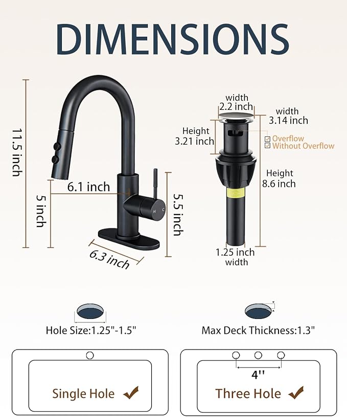 Fransiton Bathroom Faucets with Pull Down Sprayer, Bar Sink Faucet Single Hole for Kitchen Campers with Pop-Up Drain Hose, Suitable for Farmhouse Vanity Lavatory