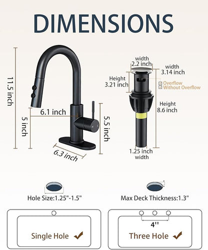 Fransiton Bathroom Faucets with Pull Down Sprayer, Bar Sink Faucet Single Hole for Kitchen Campers with Pop-Up Drain Hose, Suitable for Farmhouse Vanity Lavatory