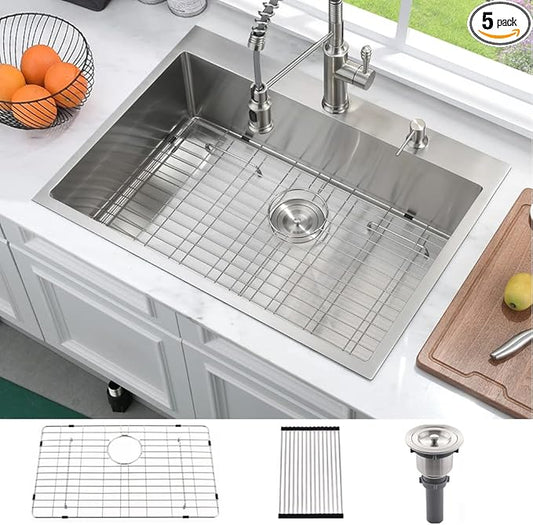 33 Inch Drop In Kitchen Sink-Bokaiya 33x22 Stainless Steel Kitchen Sink Drop In Top Mount 16 Gauge Deep Single Bowl Kitchen Sinks with Dish Grid&Strainer