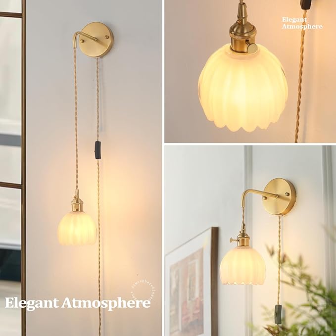 Shenmoyl Vintage Wall Sconce with White Tulip Glass Shade Hanging Wall Sconce with 4.9FT Plug in Cord, Modern Wall Lamp Fixtures Decor for Bedside Bedroom Indoor Doorway