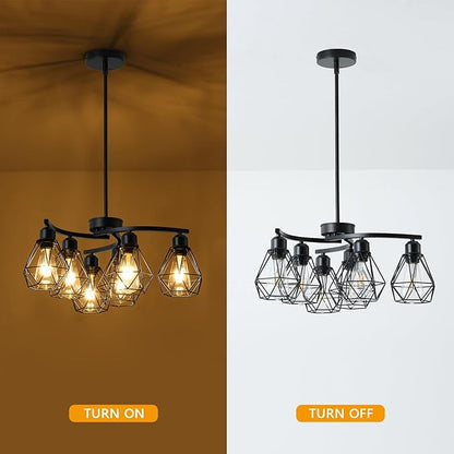 6-Light Black Chandelier,Farmhouse Chandeliers for Dining Room Light Fixtures Over Table,21.7" Industrial Hanging Pendant Lighting with Metal Cage Shade for Kitchen Island Entryway Foyer Bedroom