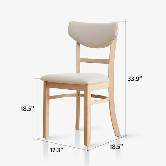Livinia Bay Dining Chair Set of 2, Solid Malaysian Oak PU Leather Upholstered Cushion Seat, Curved Back Side Chairs (Natural)