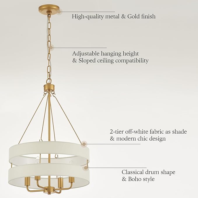 4-Light Rustic Drum Chandelier for Foyer, Gold Pendant Light Fixture with Fabric Shade, Modern Farmhouse Chandelier for Dining Room Entryway Bedroom