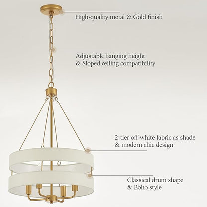 4-Light Rustic Drum Chandelier for Foyer, Gold Pendant Light Fixture with Fabric Shade, Modern Farmhouse Chandelier for Dining Room Entryway Bedroom