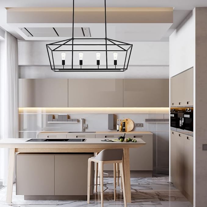BONLICHT Kitchen Island Lighting 4 Lights in Matte Black Finish Farmhouse Chandelier Industrial Pendant Hanging Light Fixture for Dining Room Living Room Foyer
