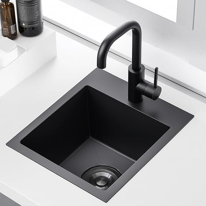 KINGO HOME Black Bar Sink Drop In,13 x 15 Inch Topmount RV 16 Gauge Gunmetal Black Stainless Steel Single Bowl Small Kitchen Sinks,Outdoor Camper Wet Bar Perp Sink with Drain