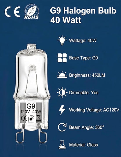 G9 Halogen Bulb 40 Watt 120 Volt, 6 Pcs G9 Halogen Light Bulbs 2 Pin Dimmable T4 JCD Type Bi-Pin Base for Range Hood Light, Microwave, Bathroom Bulb, Chandelier & Cabinet Lights, 2700K Warm White