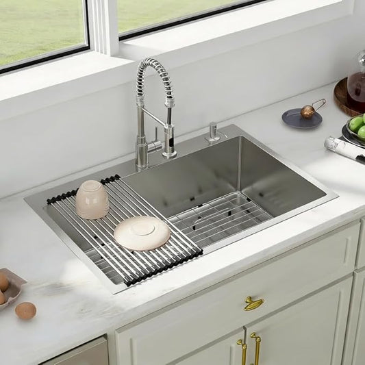 33 Drop In Kitchen Sink - Fuyuoer 33x22 inch Drop in Stainless Steel Sink 16 Gauge Single Bowl 10'' Deep Large Topmount Kitchen Sinks Over Mount, Round Corners