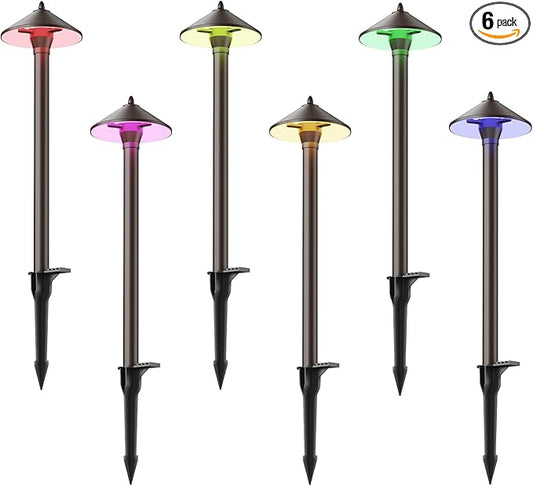 GOODSMANN Landscape Lighting RGBW 6PK Low Voltage Path Lights with Color Changing 2W 12V AC Landscape Lights 2900K with Cable Connectors