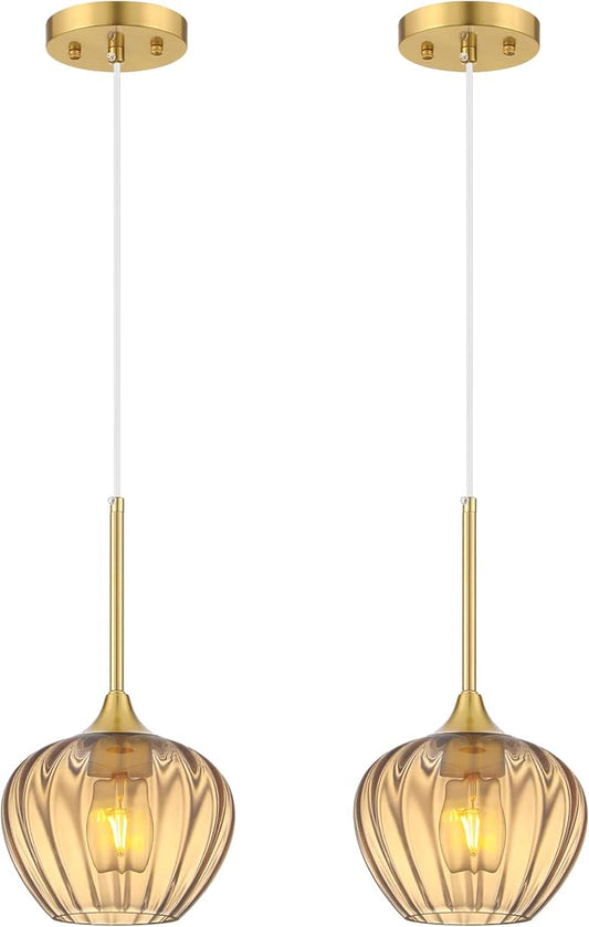 2-Pack Amber Glass Pendant Lights for Kitchen Island, 7" Modern Pendant Lighting Vintage Gold Light Fixtures Adjustable Hanging Light for Kitchen, Dining Room, Bar, Bathroom