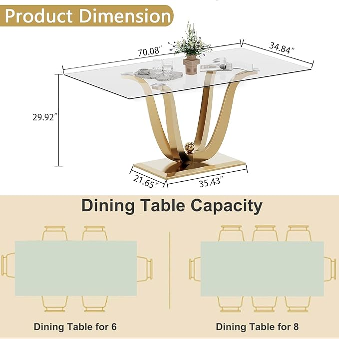 70inch Glass Dining Table for 4 6, Luxury Glass Kitchen Dining Room Table with Gold Mirrored Steel Base,Modern Large Rectangle Tempered Glass Top Dinner Tables for Kitchen, Dining Room