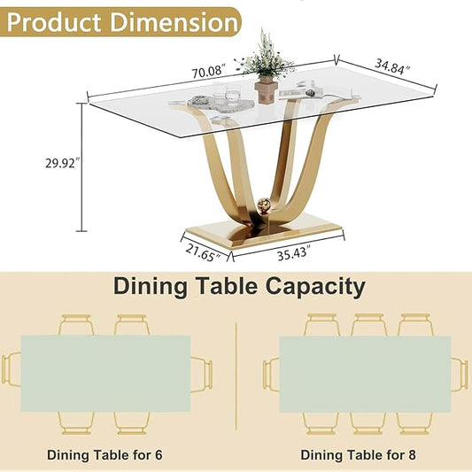 70inch Glass Dining Table for 4 6, Luxury Glass Kitchen Dining Room Table with Gold Mirrored Steel Base,Modern Large Rectangle Tempered Glass Top Dinner Tables for Kitchen, Dining Room