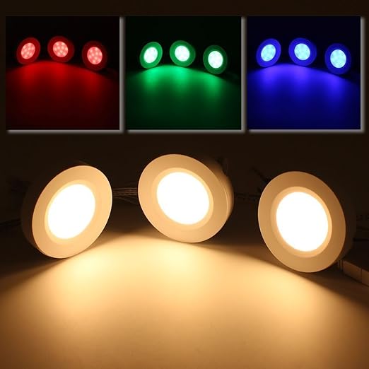 TORCHSTAR Set of 3 Multicolor LED Under Cabinet Lighting Kit, UL-Listed Power Adapter, Surface and Recessed Mount LED Puck Lights, IR Remote Control, Warm White