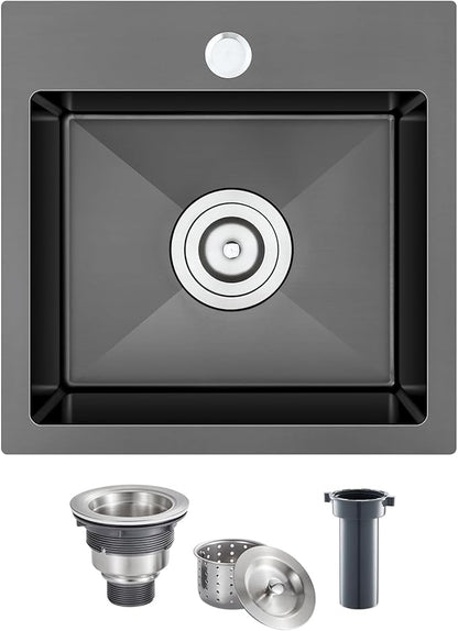 MENATT 18" x 18" Single Bowl Drop In Kitchen Sink, 18 Gauge 304 Stainless Steel Handmade Bar Sink Single Faucet Hole Topmount Kitchen Sink,Black