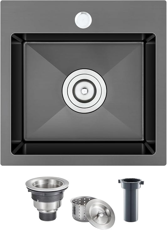 MENATT 18" x 18" Single Bowl Drop In Kitchen Sink, 18 Gauge 304 Stainless Steel Handmade Bar Sink Single Faucet Hole Topmount Kitchen Sink,Black