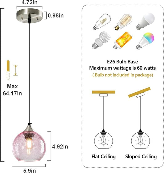 Pink Glass Pendant Lights Kitchen Island Globe Pendant Light Fixtures Modern Pendant Lighting for Bedroom Living Dining Room Light Fixture (5.9 in, 2 Pack)