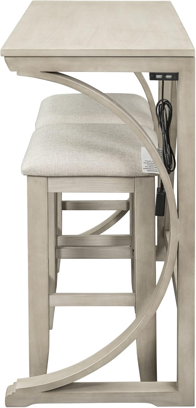 Rustic Dining Table Set, Farmhouse 3-Piece Counter Height Dining Table Set with USB Port and Upholstered Stools for Small Places (Cream/Farmhouse-A)