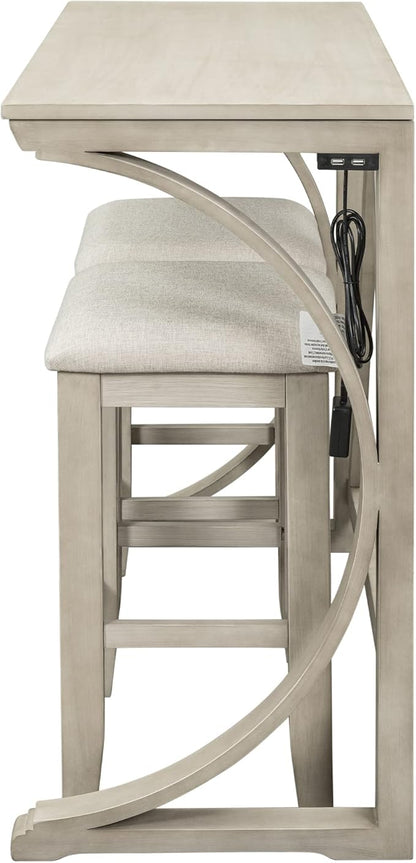 Rustic Dining Table Set, Farmhouse 3-Piece Counter Height Dining Table Set with USB Port and Upholstered Stools for Small Places (Cream/Farmhouse-A)