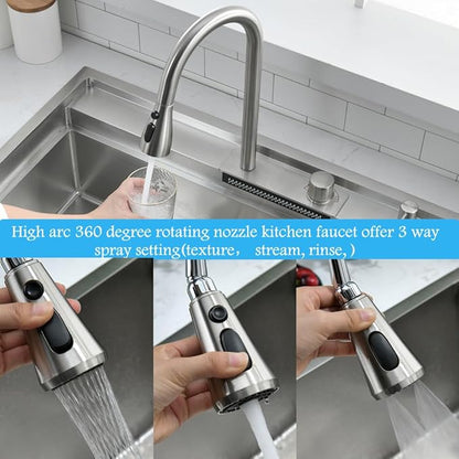 33 Inch Drop In Waterfall Kitchen Sink Workstation-Bokaiya 33x19 Drop In Kitchen Sink with Faucet Combo Stainless Steel Top Mount 16 Gauge 10" Deep Single Bowl Waterfall Sink with Soap Dispenser