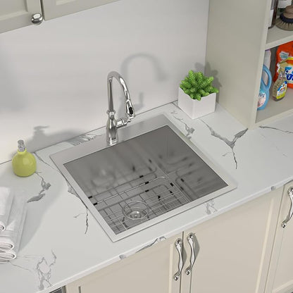 Sarlai 25 Inch Laundry Sink - 25x22 Drop In Kitchen Sink Utility Laundry 12 Inch Deep Sinks Topmount Single Bowl Stainless Steel Room Utility Tub Sinks Basin