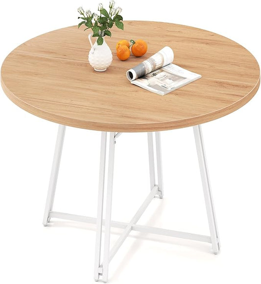 Giantex 47-inches Round Dining Table for 4-6 People, Kitchen Table with Metal Supporting Legs & Cross Base, Circle Dinner Tables for Dinette, Restaurant, Living Room, Dining Room, Natural & White