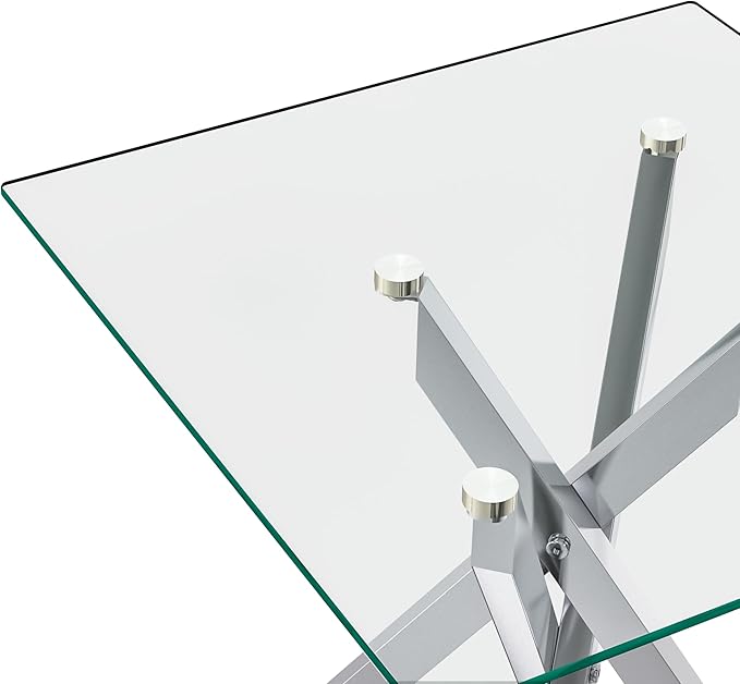 Square Side Table with X-Shaped Silver Chrome Metal Base, Tempered Glass End Tables Small End Table, Living Room Sofa Couch Side Table, Modern Bedsde Tables Bedroom Night Stand, Clear Nightstand