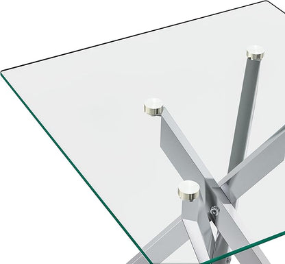 Square Side Table with X-Shaped Silver Chrome Metal Base, Tempered Glass End Tables Small End Table, Living Room Sofa Couch Side Table, Modern Bedsde Tables Bedroom Night Stand, Clear Nightstand