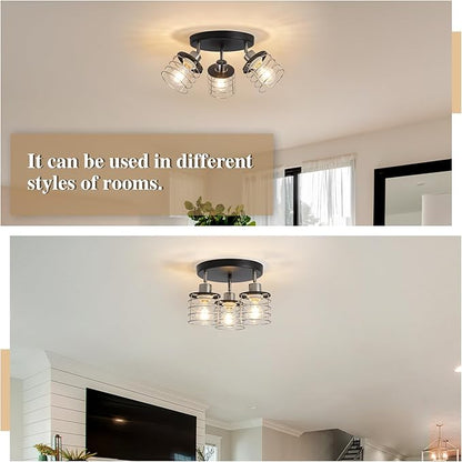 Brushed Nickel Kitchen Light Fixture Ceiling Mount, Semi Flush Mount Ceiling Light, Multi-Directional Track Ceiling Lighting for Kitchen Farmhouse Hallway Dining Room Entryway (Black & Brushed Nickel)