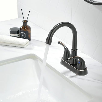 Oil Rubbed Bronze Bathroom Sink Faucet 4 Inch Faucet 2 Handle with Pop-up Drain Stopper and Supply Hoses(Set of 2)