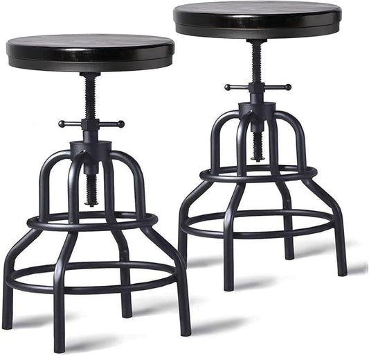 LOKKHAN Vintage Industrial Bar Stool - Rustic Swivel - Round Wood Metal - Kitchen Counter Height Adjustable - Pipe Stool - Cast Steel - 20-27 Inch (Set of 2)