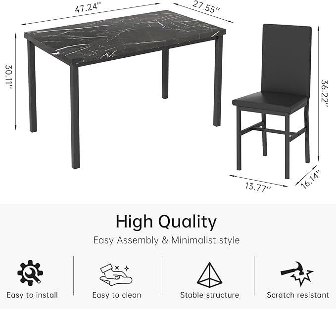 AWQM 5 Piece Dining Table Set for 4,Faux Marble Kitchen Table and Chairs for 4, Modern Dining Room Table with 4 Chairs,Dinner Table Set for Small Spaces, Black