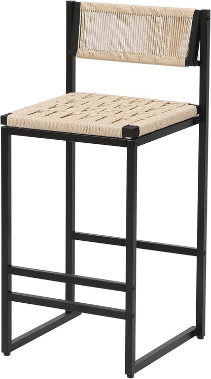 Set of 2 Woven Stools with Backrest Paper Rope Weave Dining Chairs for Kitchen Island,for Living Room