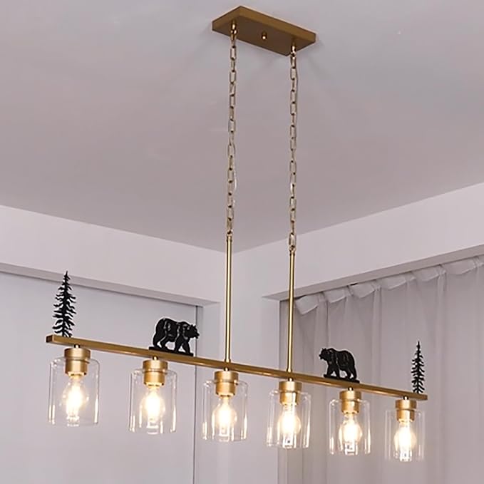 Gold Dining Room Light Fixture/Chandelier Over Table,6-Light Kitchen Island Lighting Hanging for Farmhouse Linear Chandeliers Ceiling Pendant Light Fixtures with Clear Glass Shade