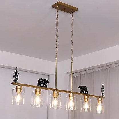 Gold Dining Room Light Fixture/Chandelier Over Table,6-Light Kitchen Island Lighting Hanging for Farmhouse Linear Chandeliers Ceiling Pendant Light Fixtures with Clear Glass Shade