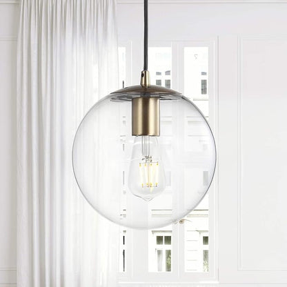 JONATHAN Y 7.75" Clear/Brass Gold Modern Globe LED Pendant Light, Industrial Hanging Ceiling Lamp for Kitchen Island, White Glass Globe Shade, LED Bulb Included (JYL9528C)