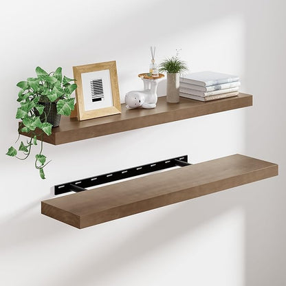 Heimlove Solid Wood Floating Shelves 36 inch, 8 Inch Deep Display Shelves Set of 2, Wall Mounted Floating Shelf with Invisible Brackets for Bathroom Bedroom Kitchen Living Room - American Walnut