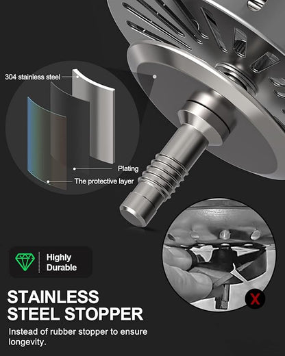 BOTEMY B9171 Kitchen Sink Drain 3 1/2 Inch Kitchen Sink Drain Strainer Assmebly Kit Stainless Steel Sink Strainer Basket/Drain Stopper for 3.5'' Standard American Drain Hole (Brushed)