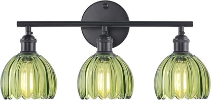Shenmoyl Bathroom Light Fixtures, 3-Light Black Vanity wall Light Over Mirror with Green Tulip Glass Shade for Bedroom Living Room (Bulb Not Included)
