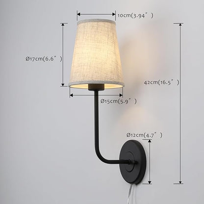 Pathson Set of 2 Plug in Fabric Wall Sconce Linen Cloth Shade, 1-Light Vintage Wall Light Fixture for Living Room Bedroom