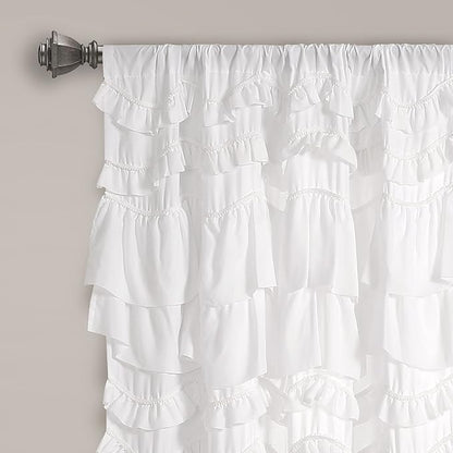 Lush Decor Kemmy Light Filtering Window Curtain Panel Single 52" W x 63" L White - Drapes - Ruffled Curtains for Bedroom - White Curtains - Coquette Decor