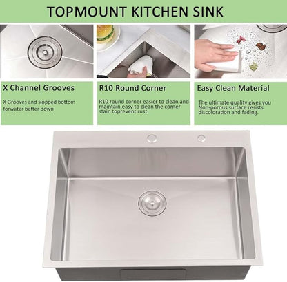 31 Inch Drop In Kitchen Sink -Wesliv 31x20 Drop In Top Mount Sinks 16 Gauge Stainless Steel 10 Inch Deep Single Bowl Kitchen Sink Basin with Colander & Drain Strainer