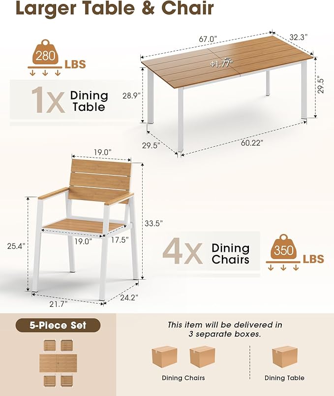 Outdoor Dining Set for 4, Aluminum Patio HDPS Outdooor Table and Chairs Set with Umbrella Hole, All Weather Patio Furniture Set, 5 Peice Patio Dining Table Set (White & Teak)