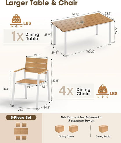 Outdoor Dining Set for 4, Aluminum Patio HDPS Outdooor Table and Chairs Set with Umbrella Hole, All Weather Patio Furniture Set, 5 Peice Patio Dining Table Set (White & Teak)